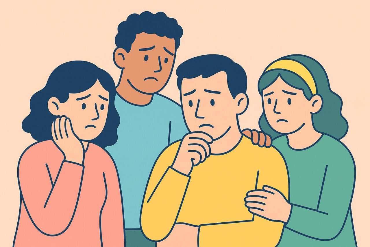4人の男女が思い悩む顔をした画像