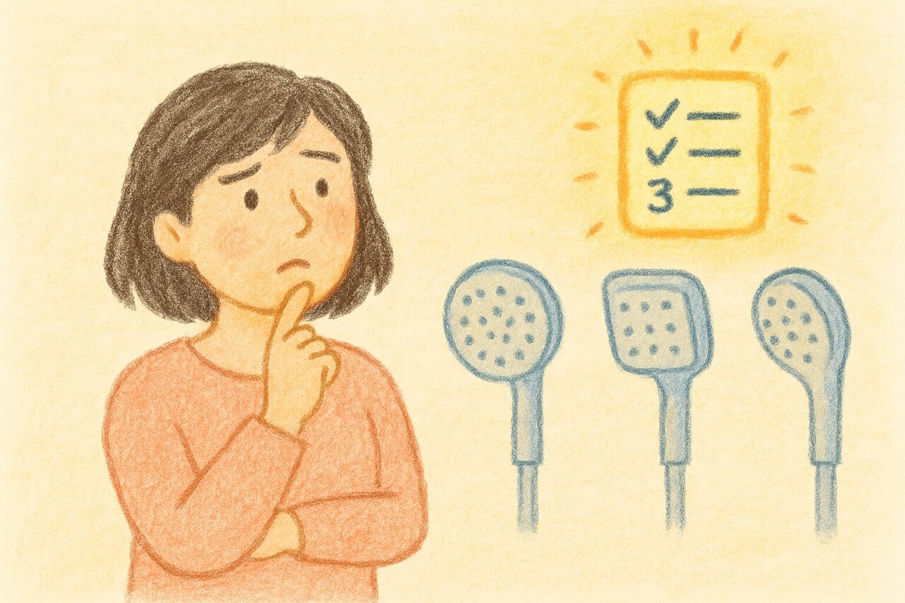 シャワーヘッドについて悩む女性の画像