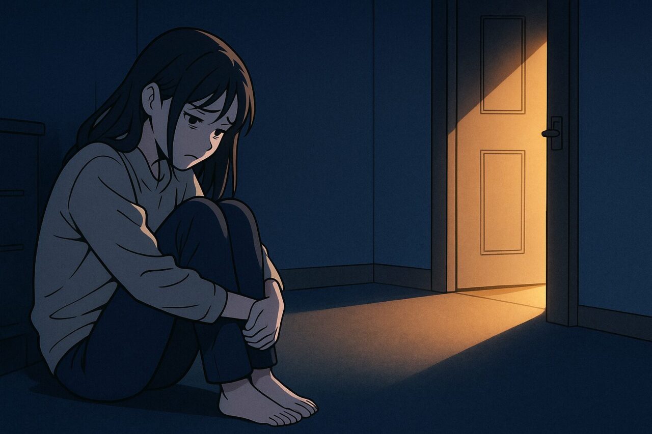 暗い部屋で足を抱えて座り込む女性の画像