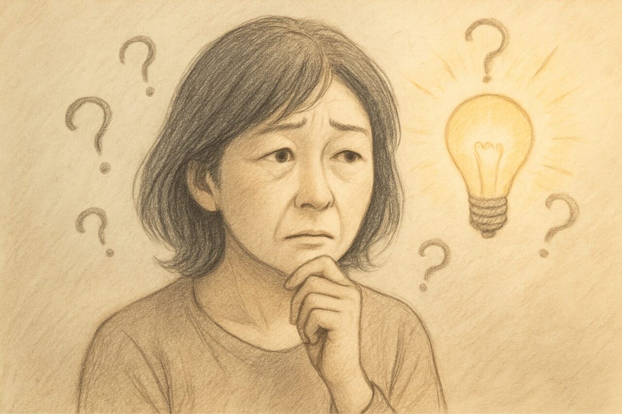 クエスチョンマークと女性の画像