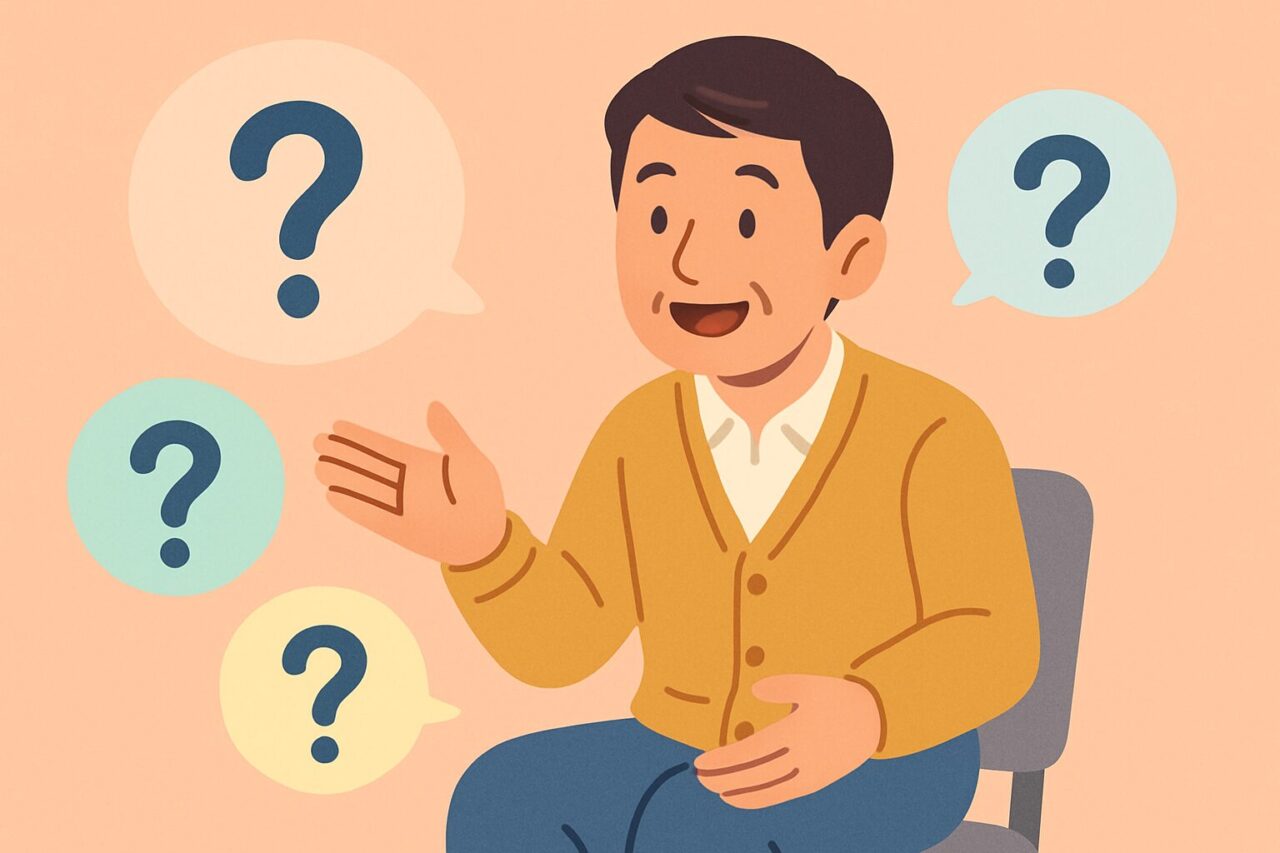 クエスチョンマークがたくさんの男性の画像