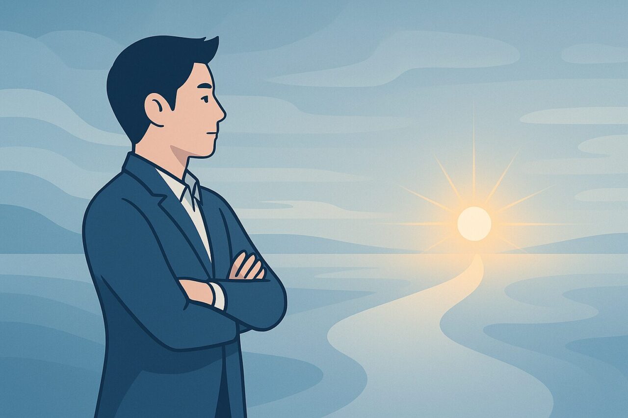 遠くを見つめる男性の画像