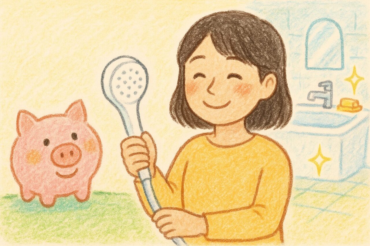 シャワーヘッドを持った笑顔の女性の画像