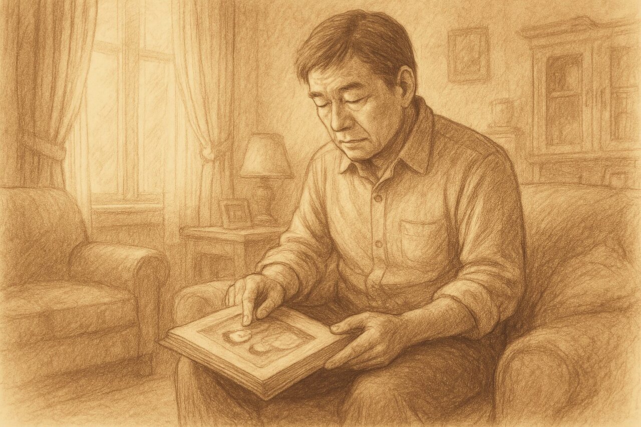 写真を眺める男性の画像