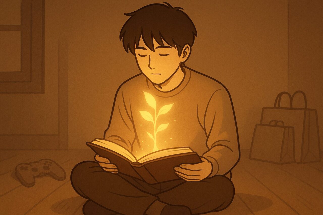 光の木が生えている本を読む男性の画像