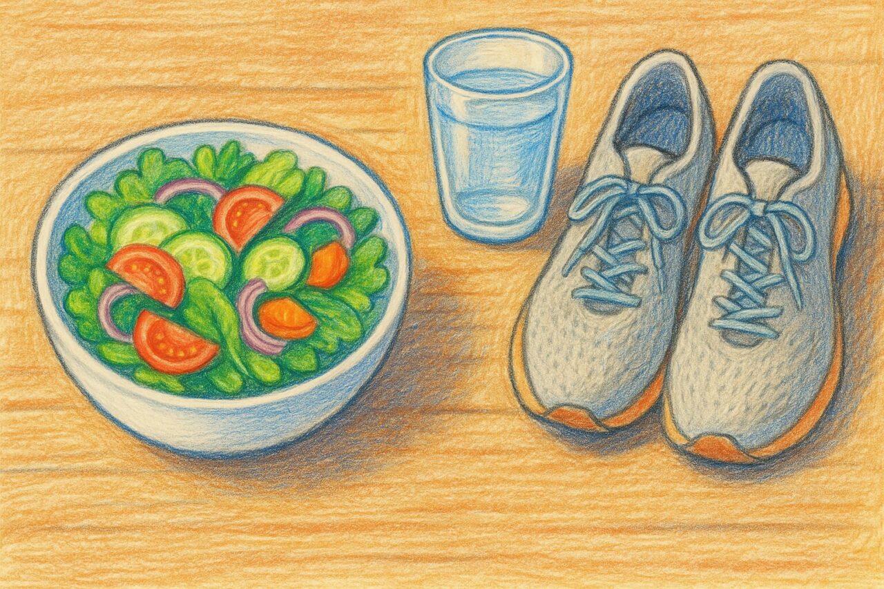 ランニングシューズとサラダの画像