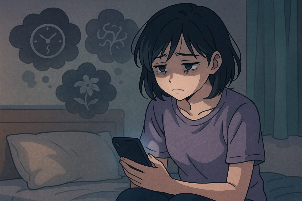 スマホを見て暗い顔をしている女性の画像