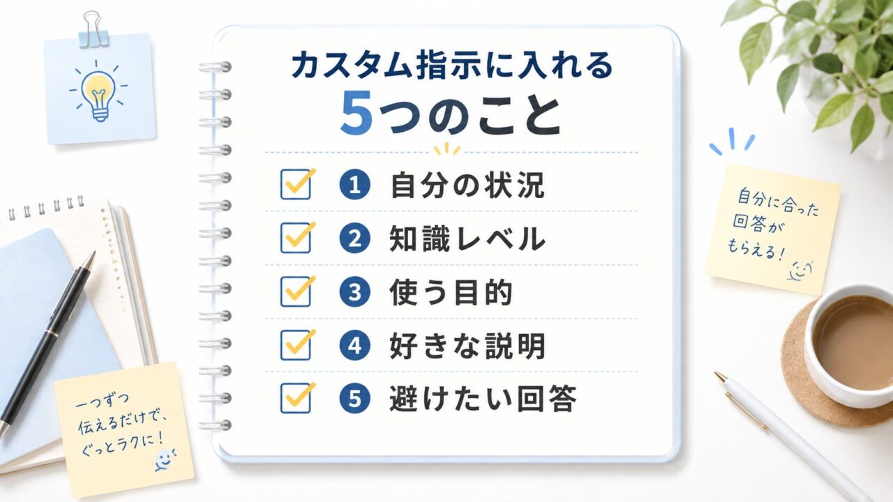 ChatGPTのカスタム指示に入れる5つの項目をまとめたチェックリスト画像