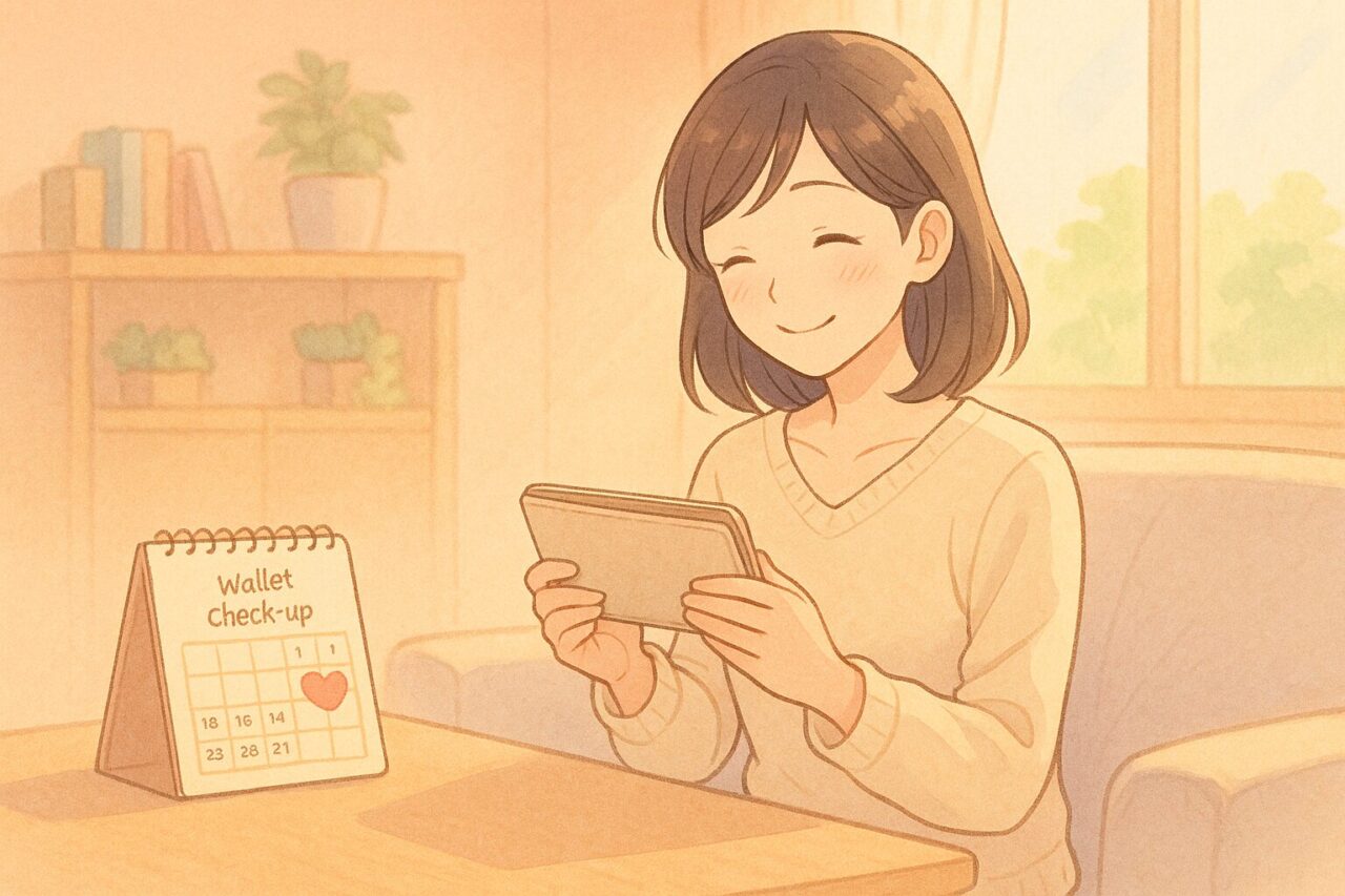 にこやかにお財布を持つ女性の画像