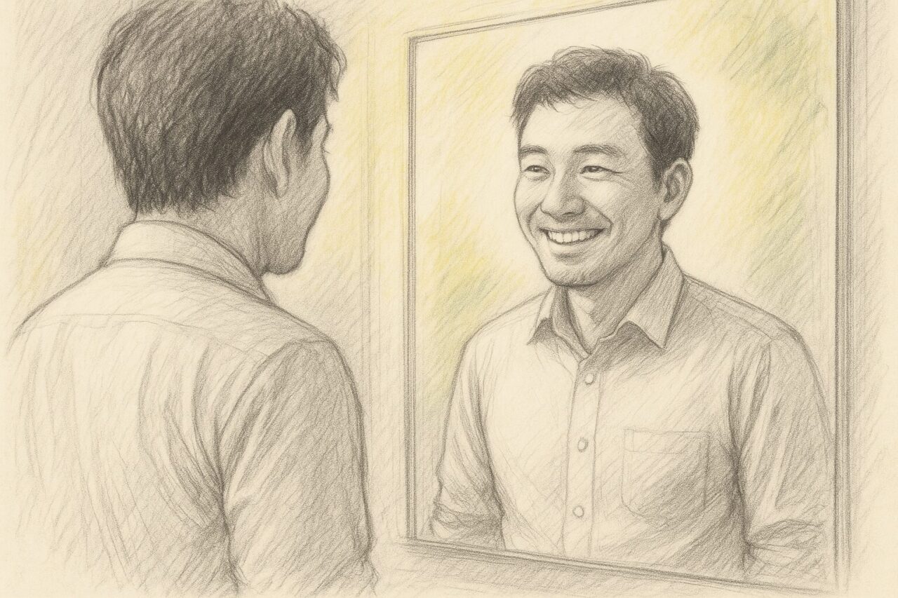 鏡を見て喜ぶ男性の画像