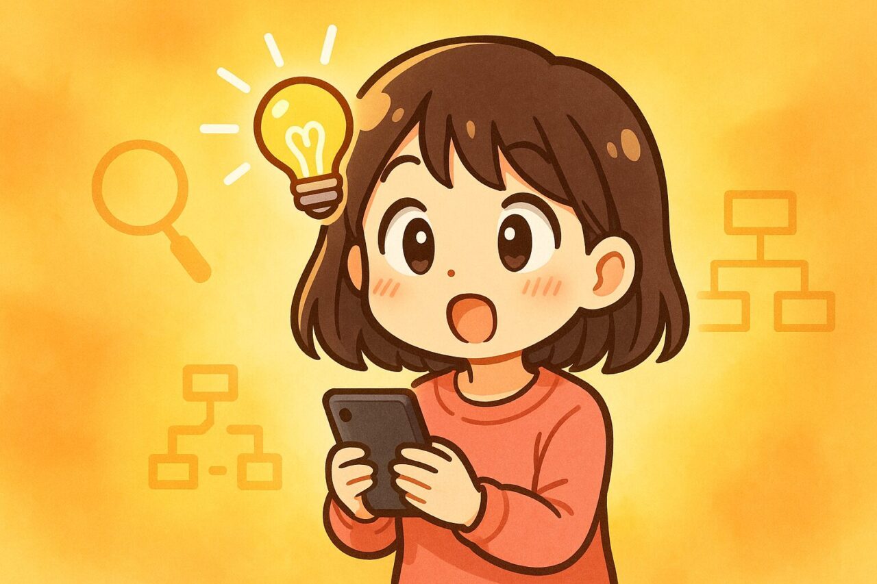 スマホをもって何かひらめいた女性の画像