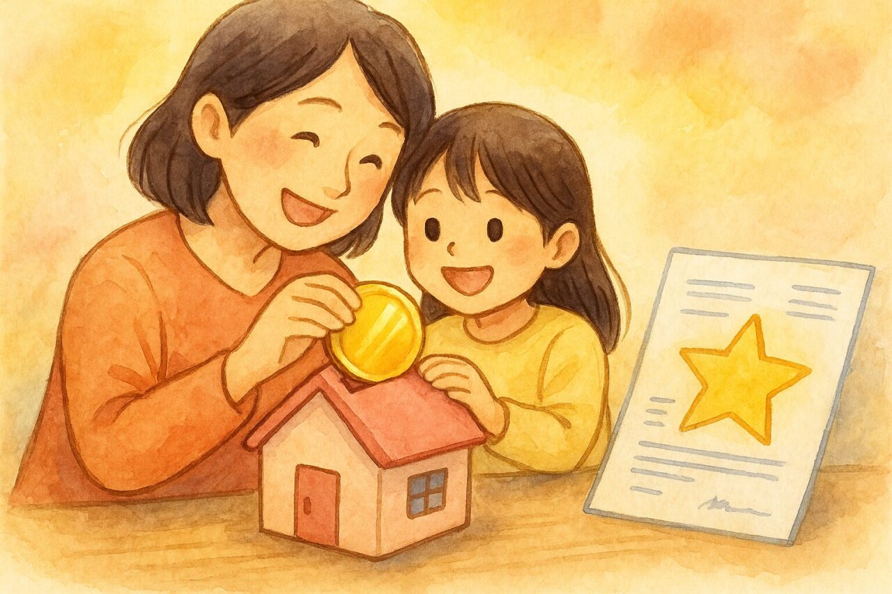 貯金する母と子供の画像