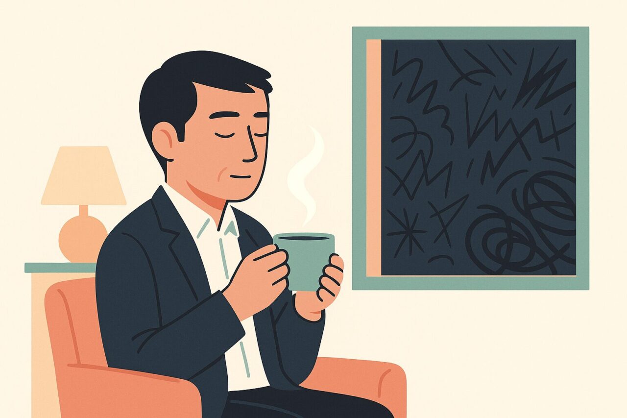 温かい飲み物を飲みながら目を閉じる男性の画像