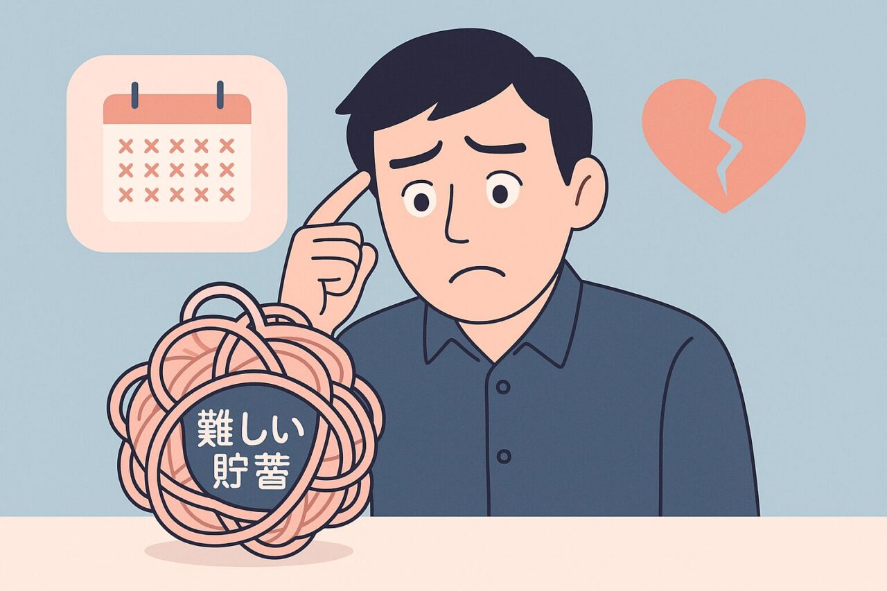 貯蓄の難しさに悩む男性の画像