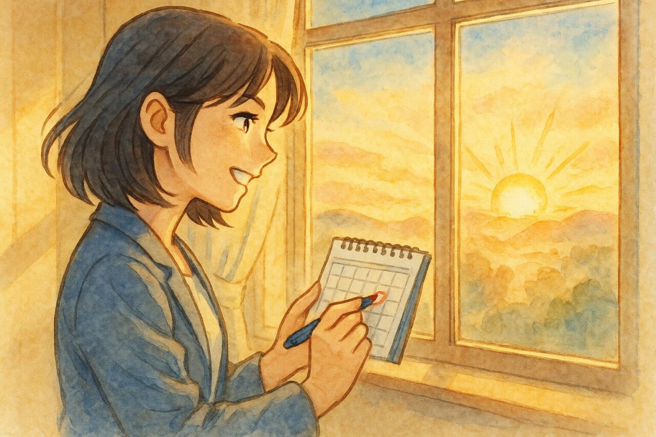 太陽に向かってノートをとる女性の画像