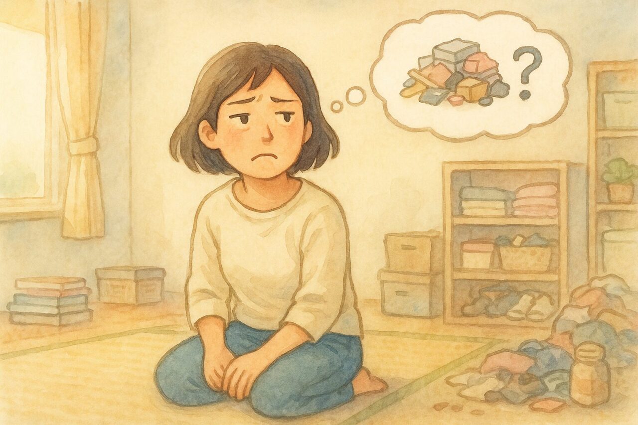 捨てるものを考えていやになっている女性の画像