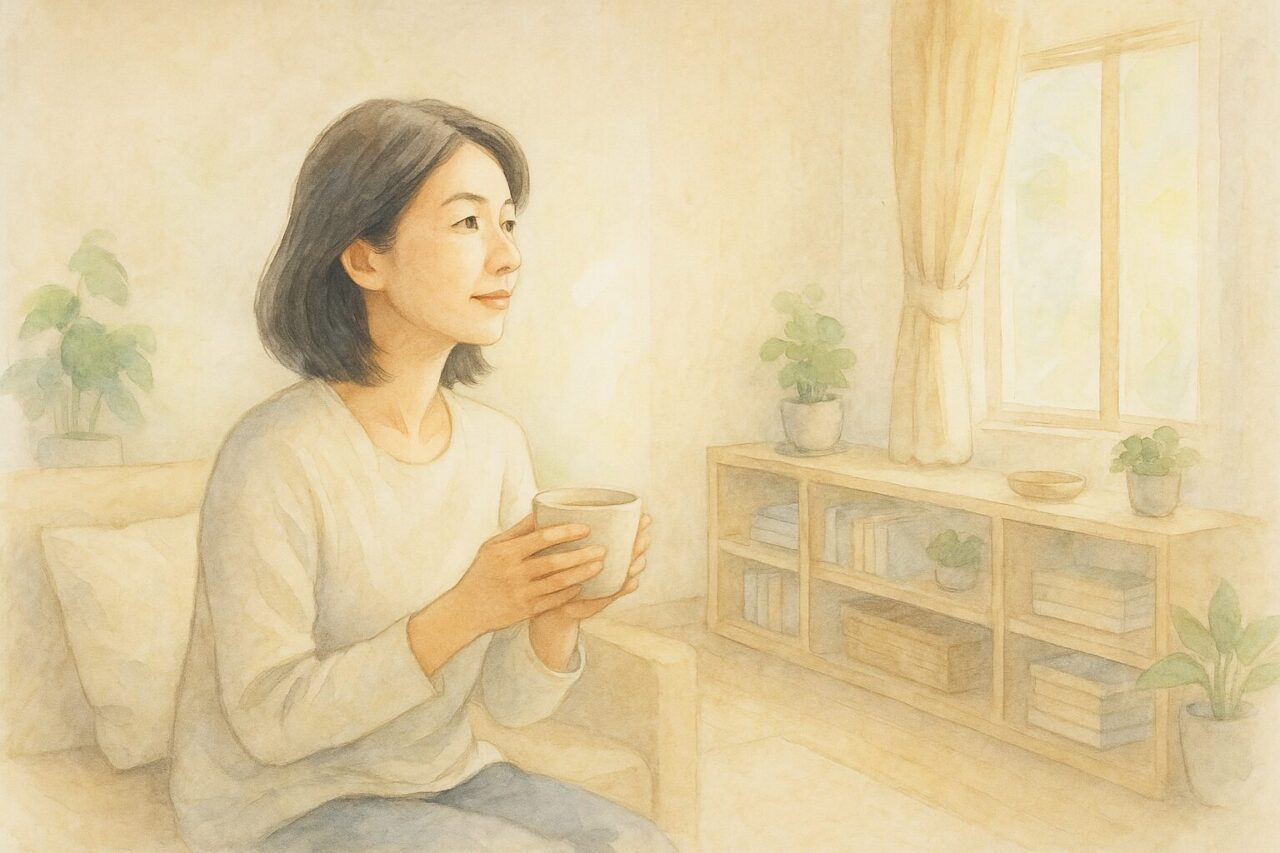穏やかな表情でコーヒーを飲む女性の画像
