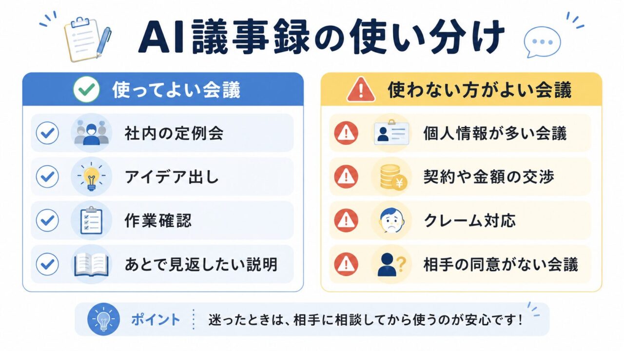 Google MeetのAI議事録を使ってよい会議と使わない方がよい会議を比較した判断表
