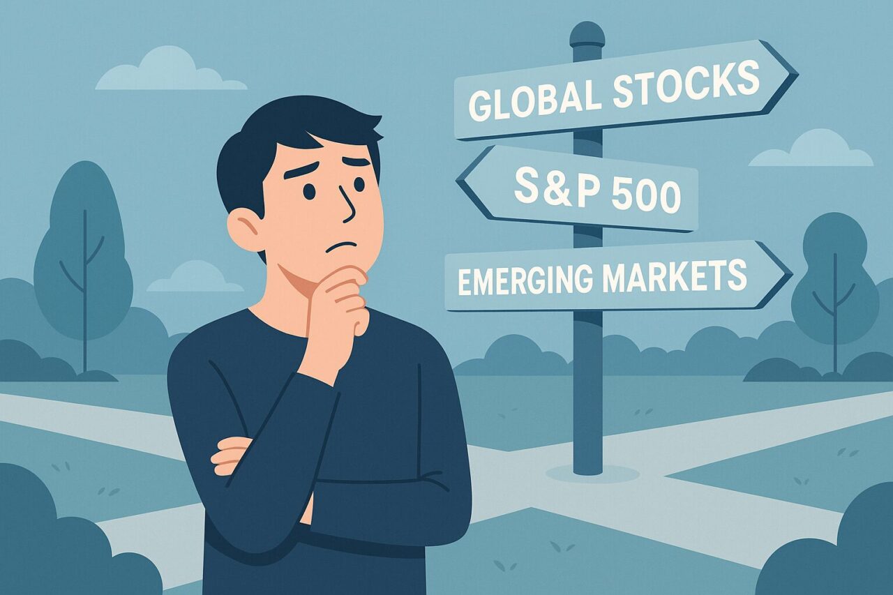 全世界株かS&P500で悩んでいる男性の画像
