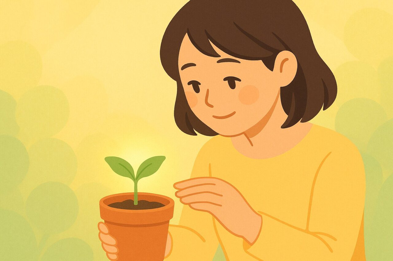 小さな芽を眺める女性の画像