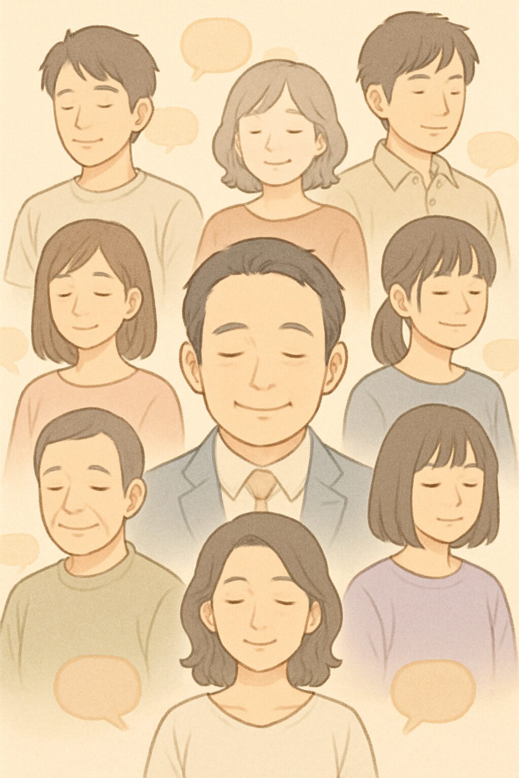 目を閉じたいろいろな人の画像