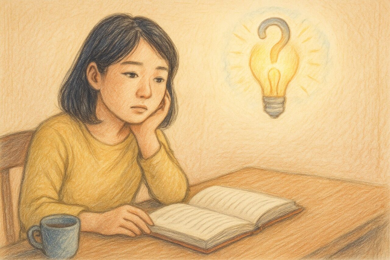 ノートを見て悩む女性の画像