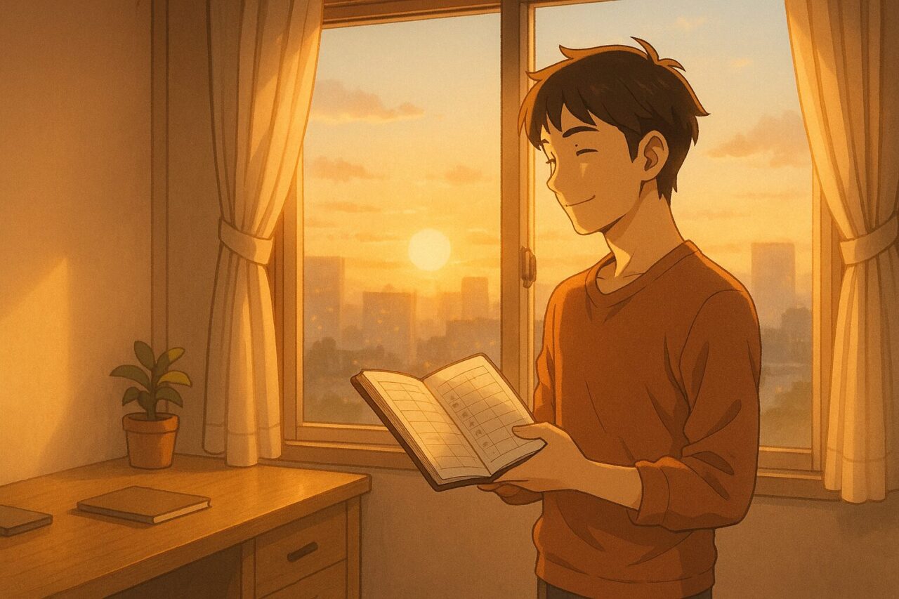 ノートを開いてにこやかな男性の画像