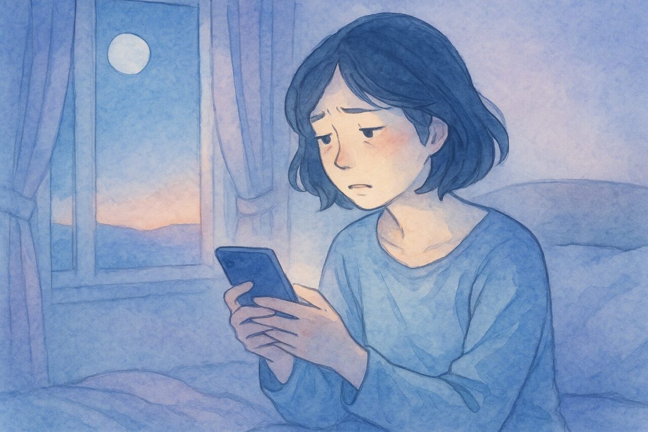 夜にスマホを見ている女性の画像