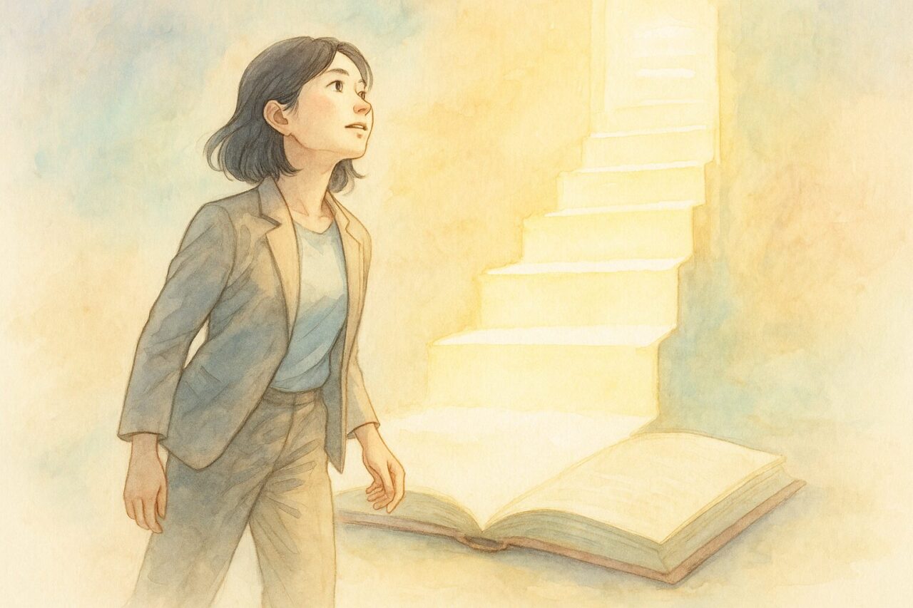 知識の階段を見上げる女性の画像
