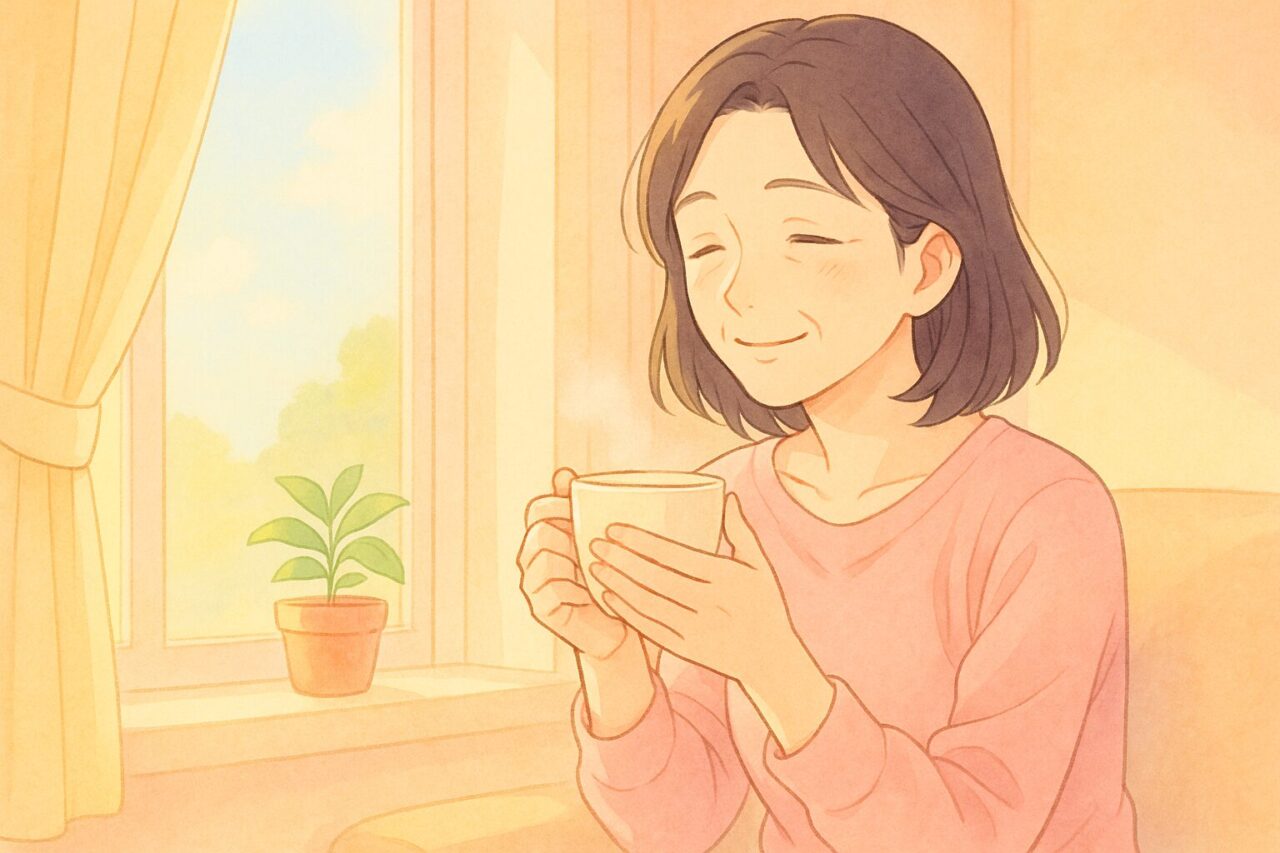 暖かい飲み物を飲んでほっとする女性の画像