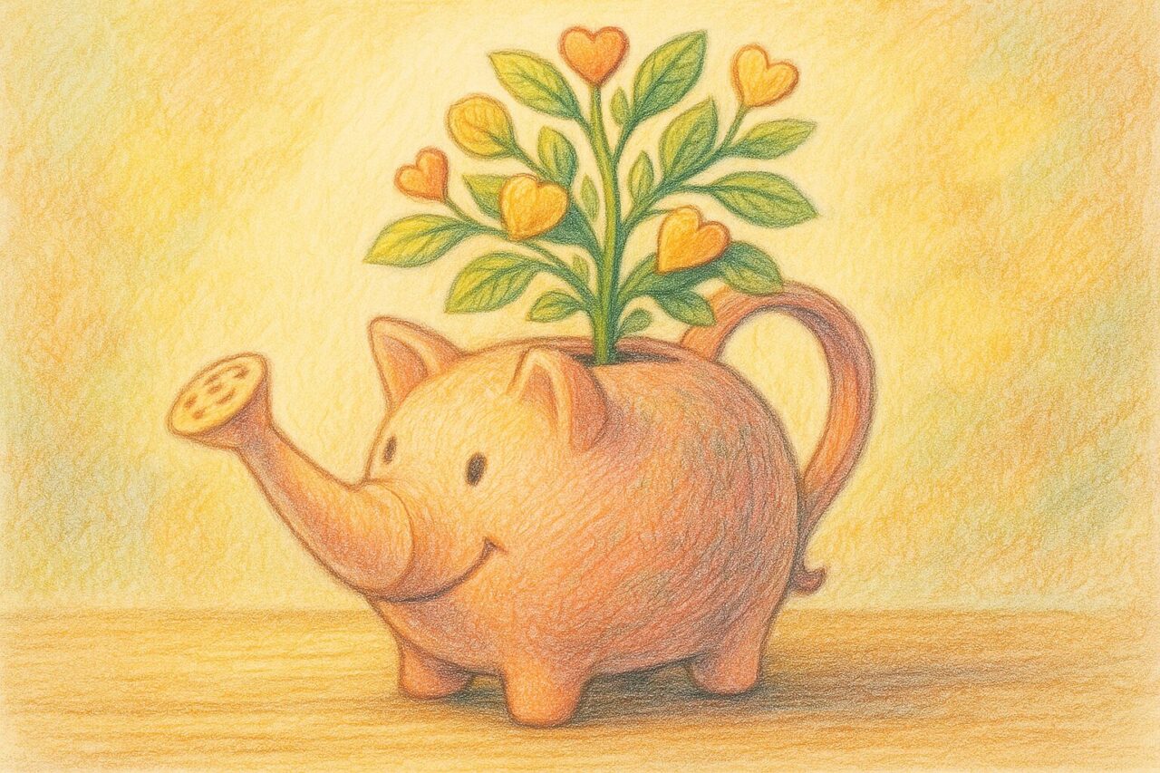 豚のじょうろからお花が咲く画像