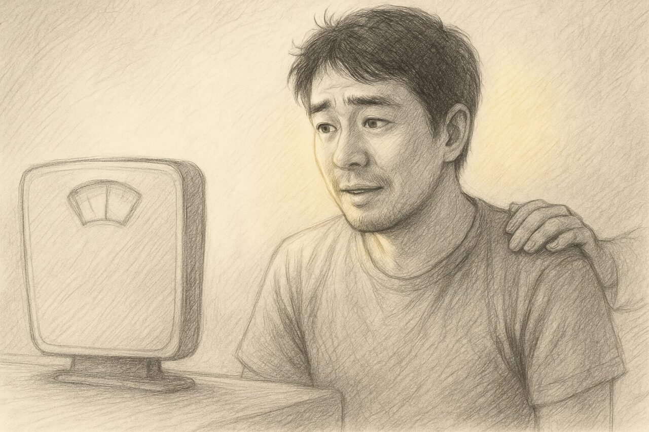 体重計を見て不安になる男性