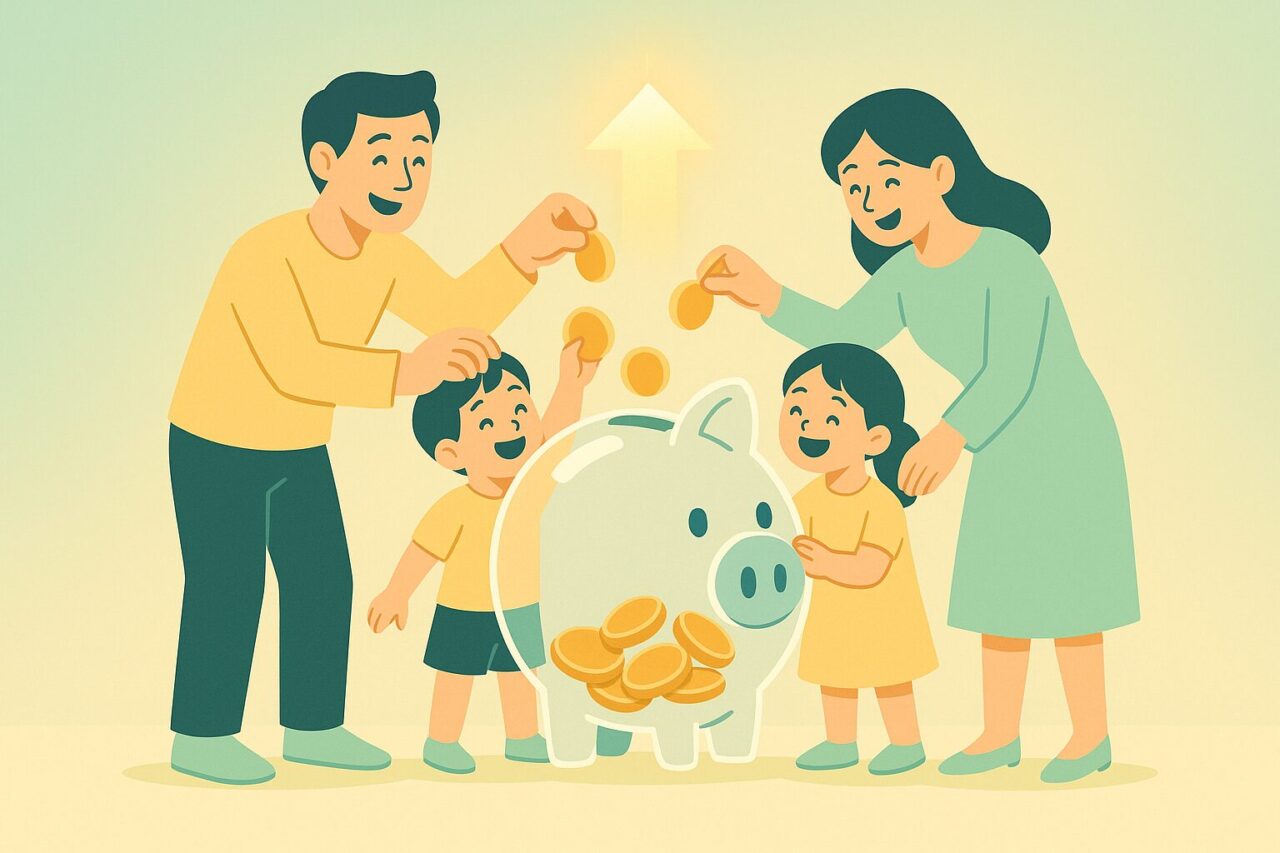 家族全員で貯金箱にお金を入れる画像