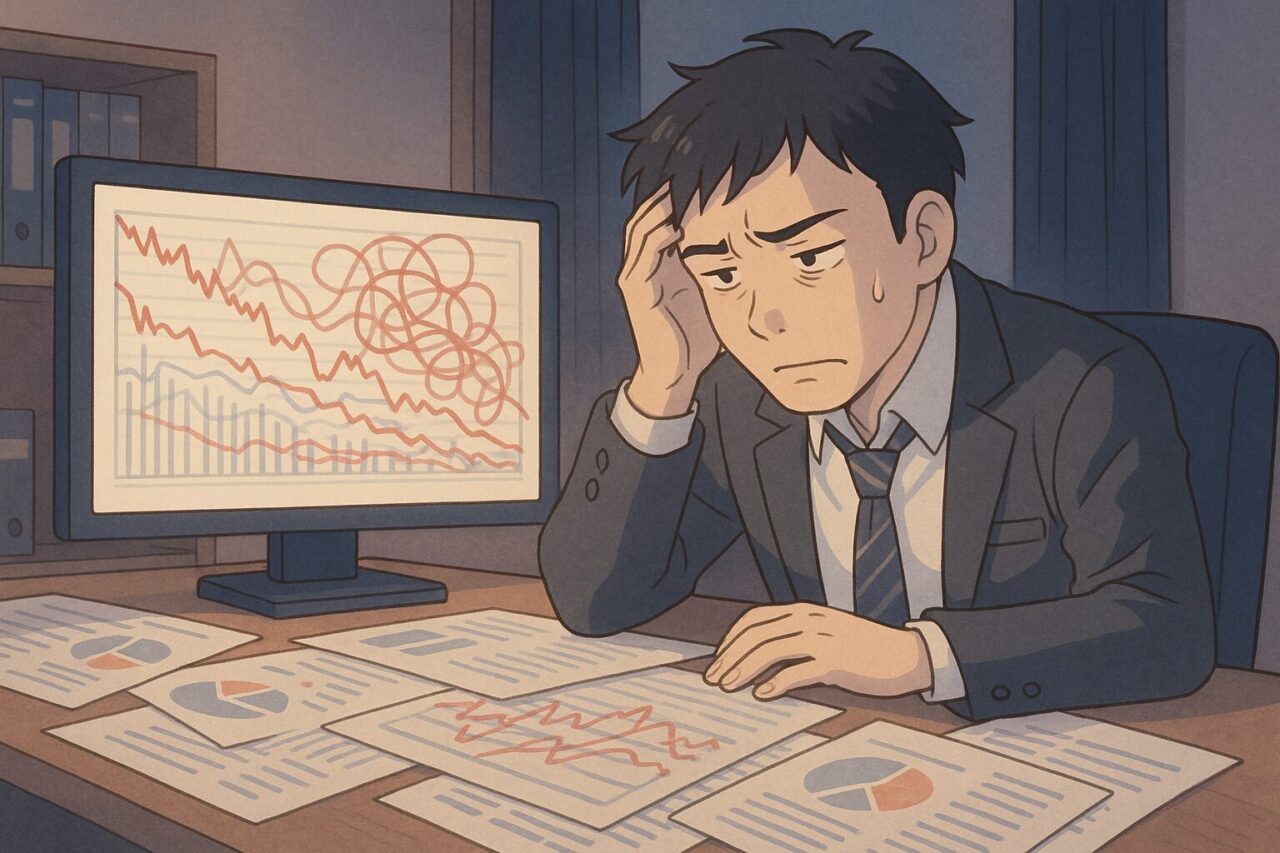 書類とモニターを眺めて悩むスーツ姿の男性の画像