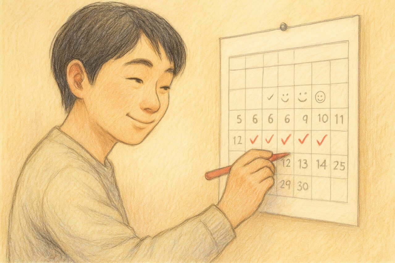 カレンダーをチェックする男性の画像
