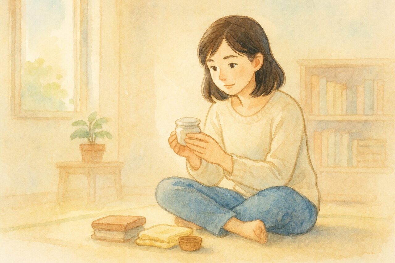 捨てるものを見つめる女性の画像