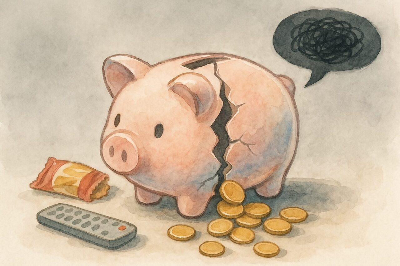 割れた穴からお金が漏れ出す貯金箱の画像