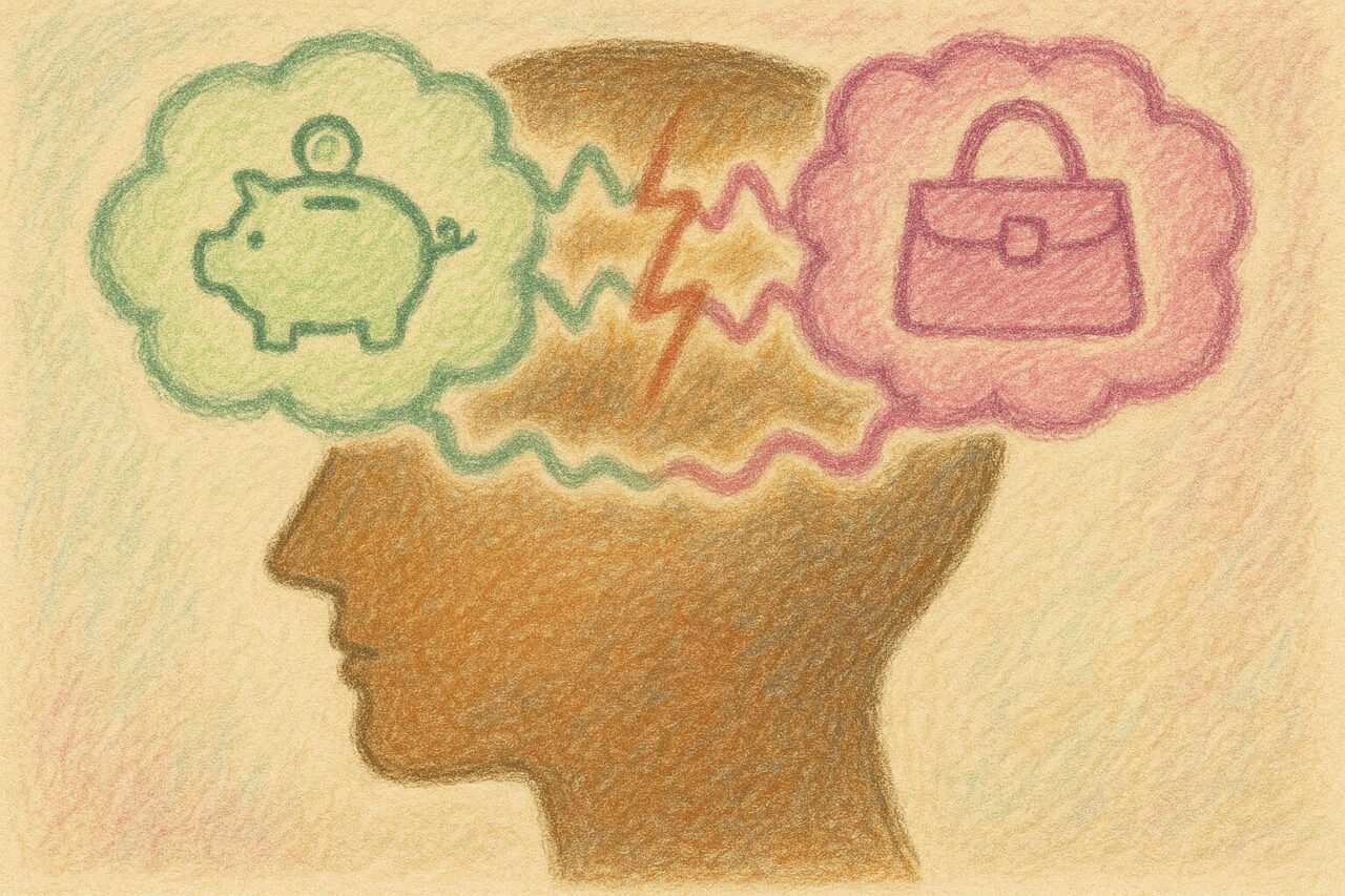 節約と見栄が葛藤している画像