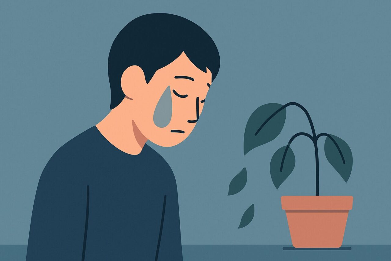 涙を流す男性としおれてしまう植物の画像