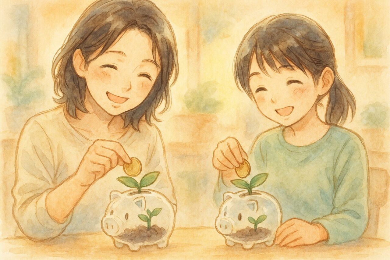 貯金箱にお金を入れる親子の画像