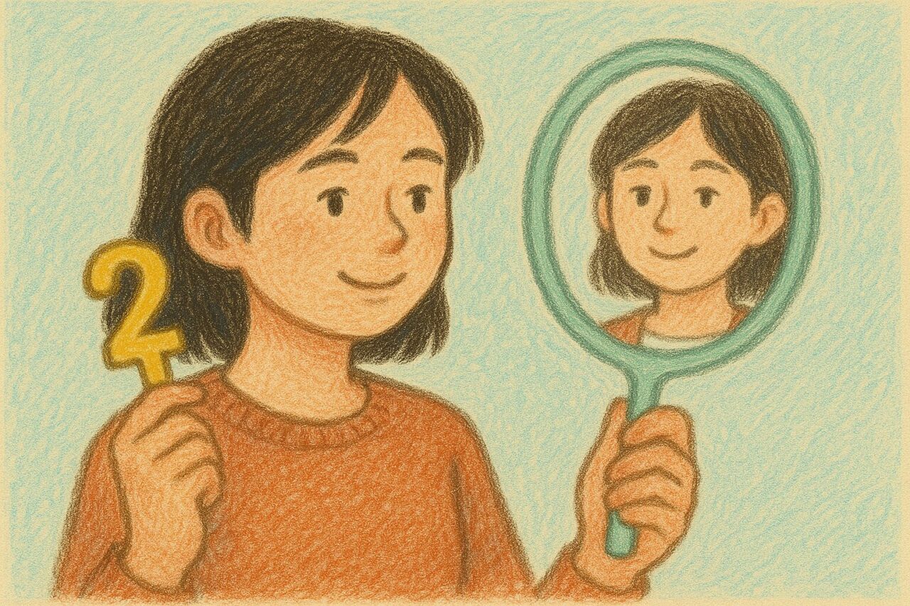 鍵をもって手鏡を見る画像