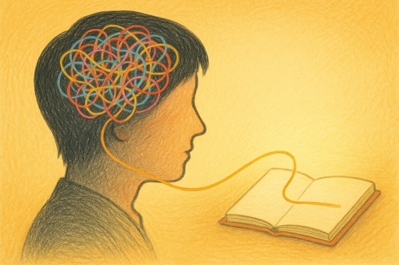 人間の脳とノートがつながっているイメージ画像