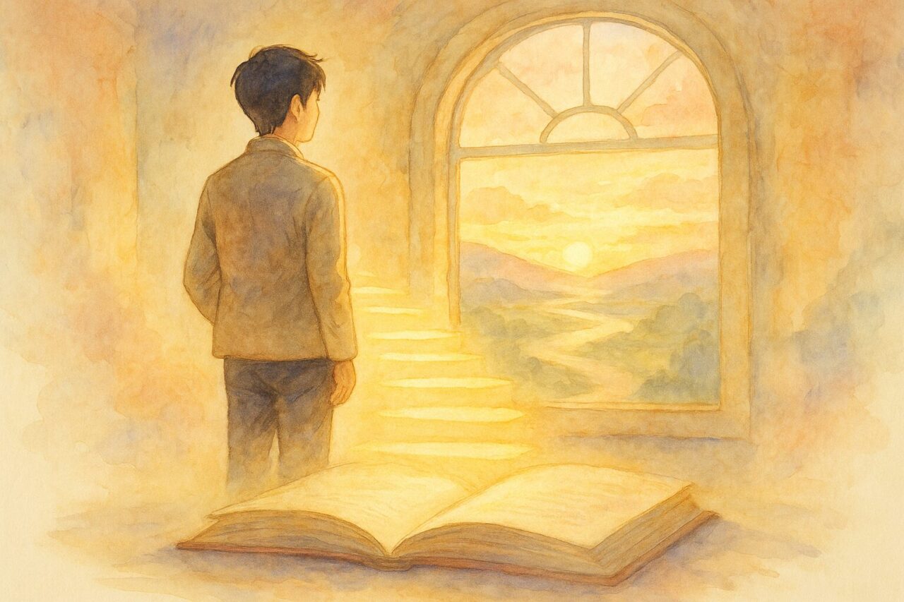本と朝日を眺める男性の画像
