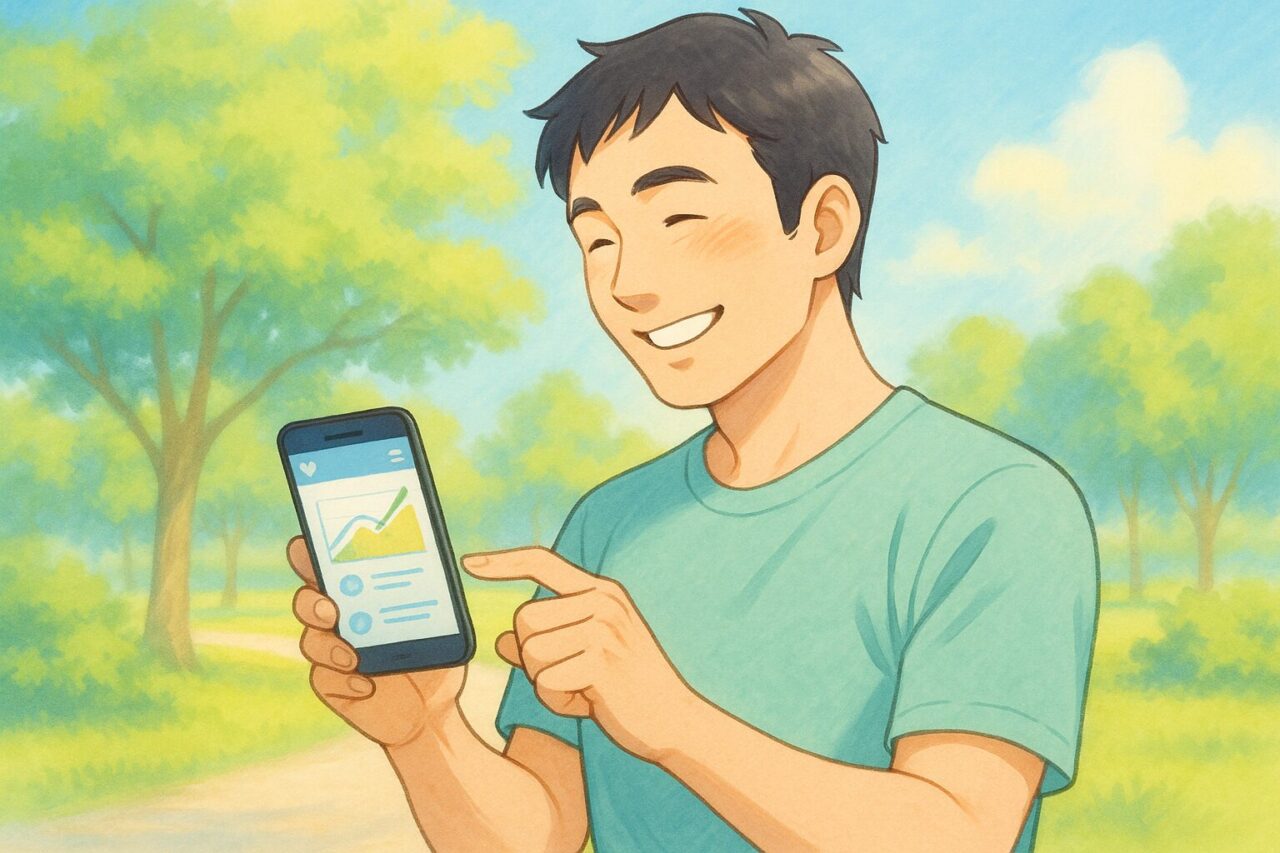 スマホを指さす男性の画像