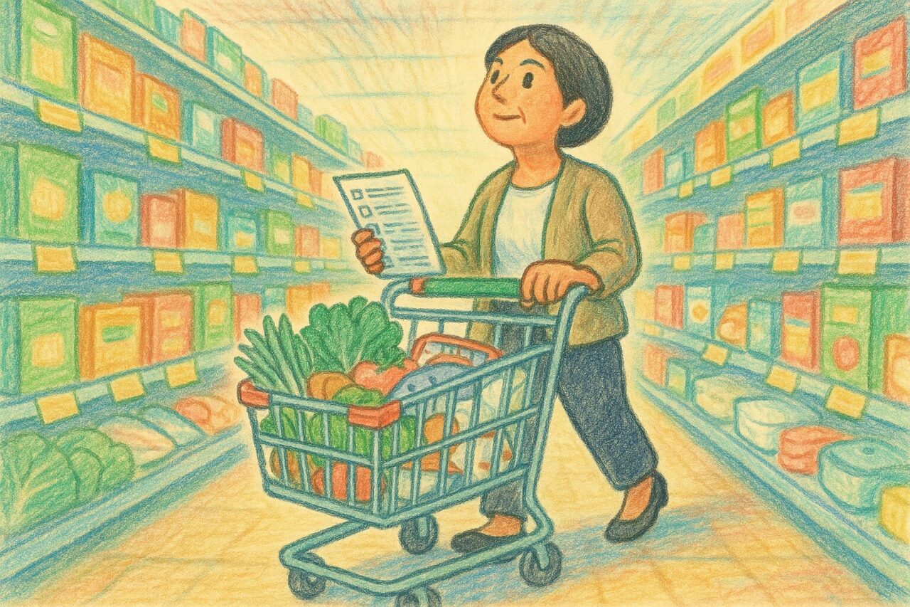 買い物リストを見る女性の画像