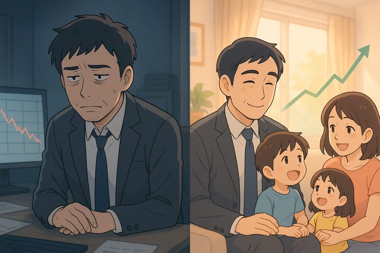 一人思い悩む男性と家族と家族と一緒に笑顔な男性の比較画像