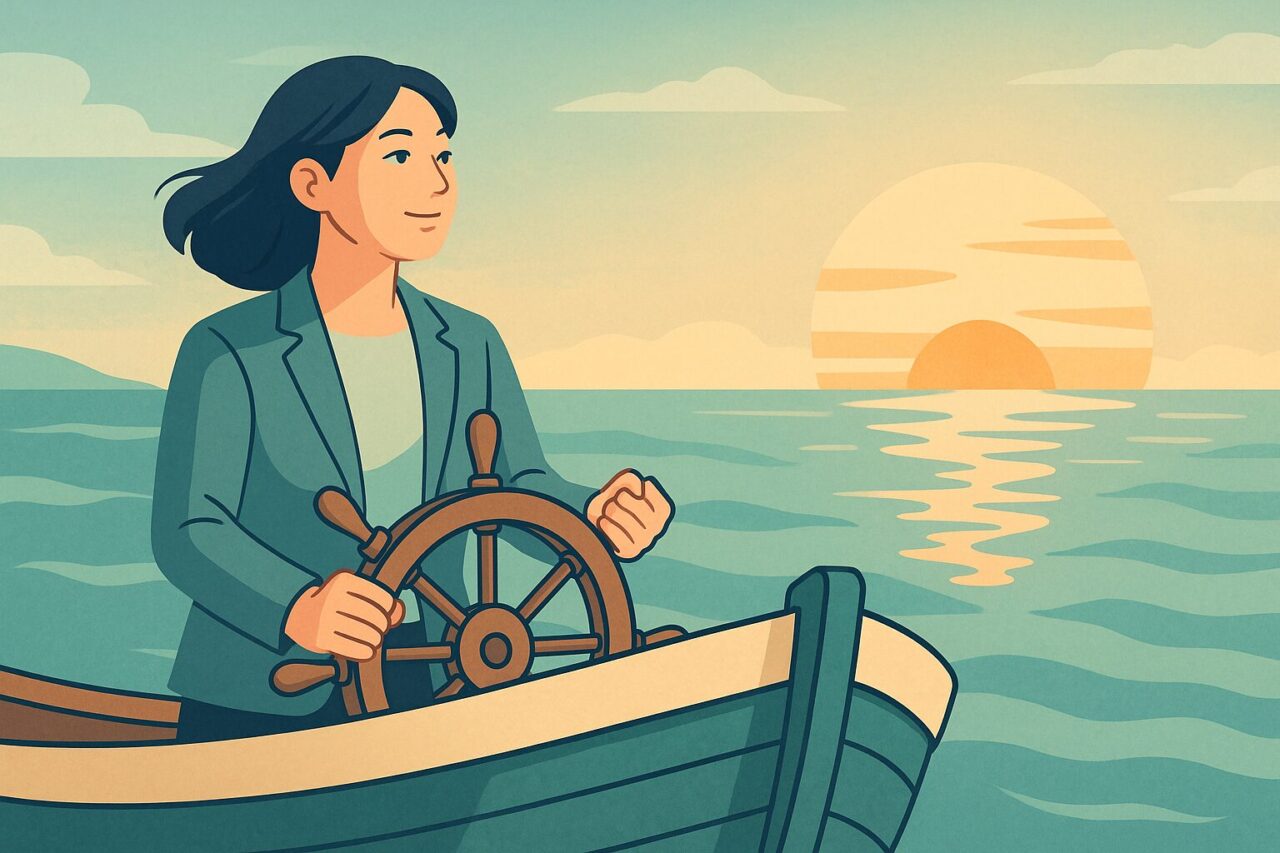 舵を切る女性の画像