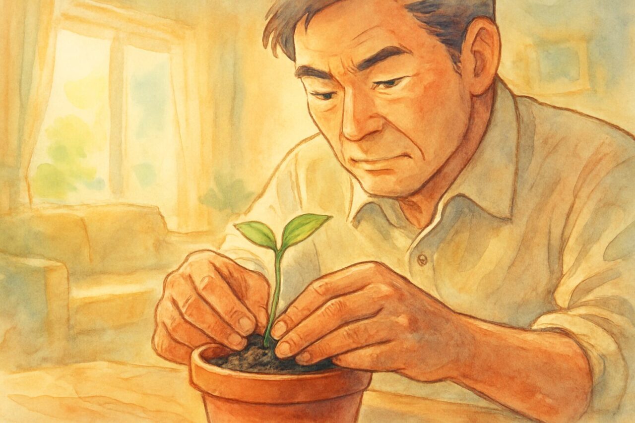 若い芽を育てる男性の画像