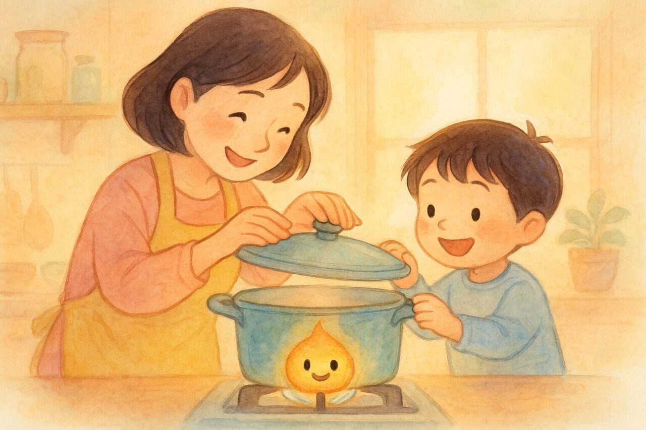 鍋をみる母と子供の画像