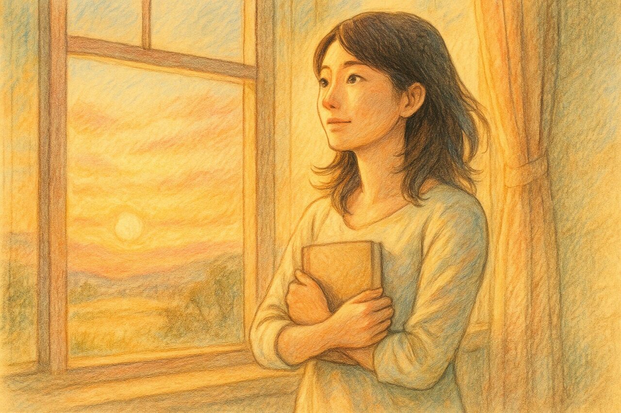 ノートを大事そうに抱えて遠くを見つめる女性の画像